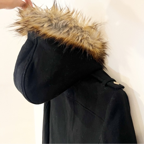 Michael Kors Black Wool Parka Fur Hood Coat Gold Hardware Size 14 Mid Length - Picture 13 of 14